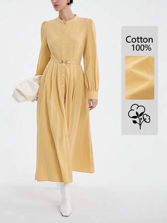 Aalyst Women's Casual Long Sleeve Solid Color Waist Pleated Hem Dress, Autumn/Winter