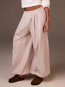Athîral Women's Solid Color Elastic Waist Pleated Harem Pink Balloon Pants,New Year's Casual - Pink - View 5