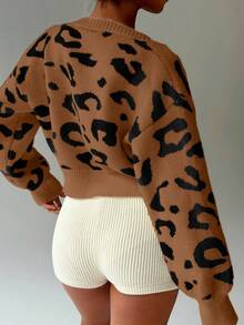 SHEIN MOOSTA Cardigan Longgar Kasual Motif Leopard dengan Bukaan Depan, Musim Gugur/Dingin - MultiWarna - View 2