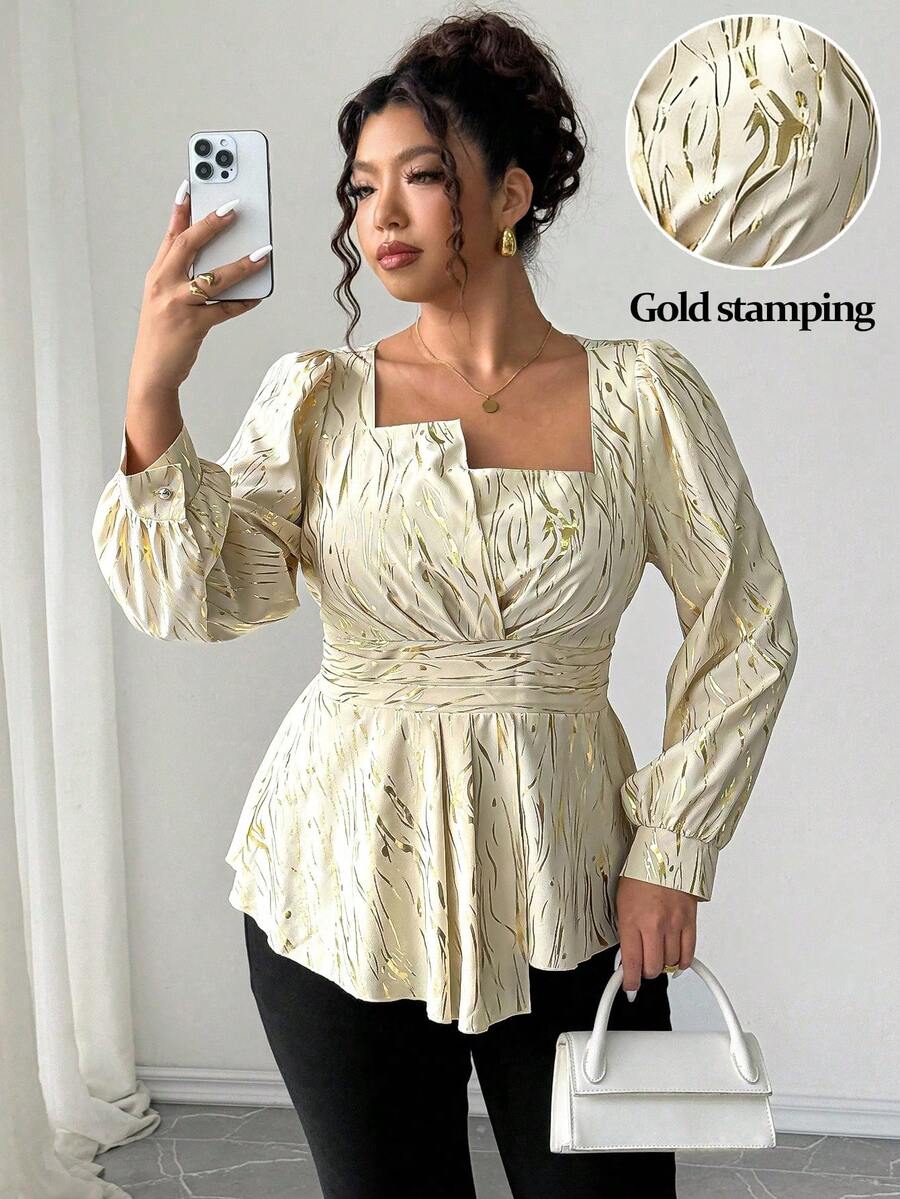 Elenzga Plus Size Elegant Beige Autumn Foil Print Lantern Sleeve Shirt, Asymmetrical Cinched Waist Crew Neck Top For Christmas, Wedding Guest, Party, Women - Apricot - View 1