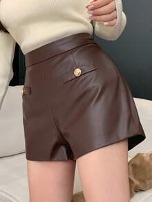 DAZY Celana Pendek Wanita PU Polos Elegan dengan Rivet dan Kantong Imitasi - Coffee Brown - View 6