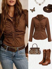 LanaWest Women's Fall Western Bohemian Brown Wave Textured Fabric Lapel V-Neck Long Sleeve Ruched Single-Breasted Shirt, Elegant Teacher, Suitable For Halloween, Autumn New Arrival Fashion Niche Design Versatile Regular Shirt - Brown - View 1