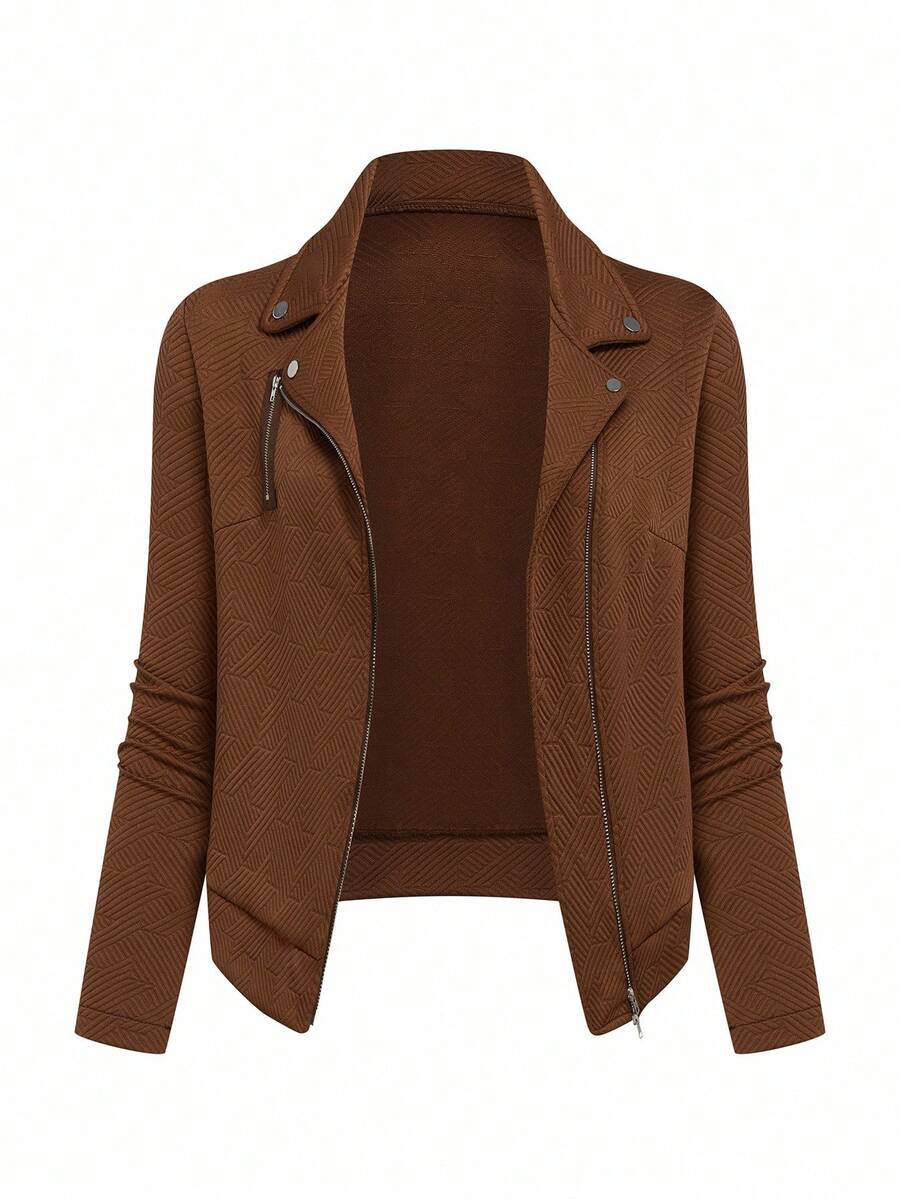 EMERY ROSE Chaqueta casual de motociclista con cremallera y cuello de tela texturizada para mujer - Marrón - Ver 1