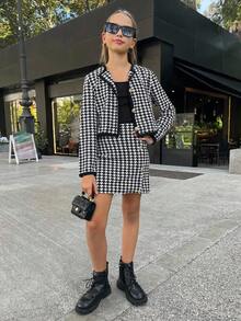 SHEIN Tween Girl Urban Chic Houndstooth Print Long Sleeve Jacket And Bodycon Skirt Set, Back To School, Student, Graduation Fall Winter