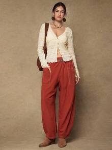 Freevana Plus Size Casual Retro Loose Fit Pants With Dual Pockets - Redwood - View 5