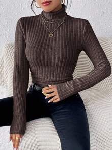 SHEIN Frenchy Áo thun cổ lọ dệt kim gân vải họa tiết nhún bèo - Cà phê nâu - Xem 6