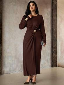 Roveilla Rochie maxi pentru femei, mărime plus, elegantă, de lux, minimalistă, design de înaltă calitate, casual, de vacanță, vintage, confortabilă, culoare solidă, tricotată, cu guler rotund, plisată, cu decor metalic în față, ajustată, cu mânecă lungă, primăvară/toamnă/iarnă - Maro - Vizualizare 8