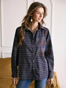 Women's Multi-Color Plaid Patchwork Brown Button Loose Western Casual Shirt, LanaWest - Multicolor - View 3
