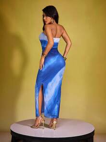 INAWLY Women's Gradient Bandeau Bodycon Dress With Slit Hem For Summer - Blue - View 2