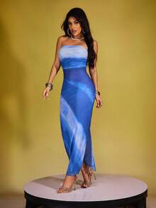 INAWLY Women's Gradient Bandeau Bodycon Dress With Slit Hem For Summer - Blue - View 3