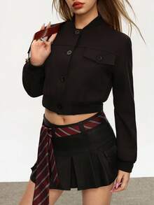 Rina Fox Women's Solid Color Long Sleeve Single-Breasted Baseball Collar Jacket, Autumn - Black - View 5