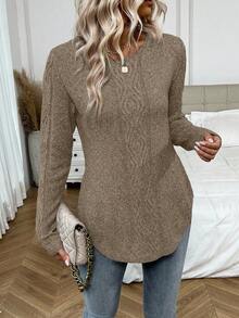 EMERY ROSE Suéter casual de mujer de unicolor con bajo curvo, otoño/invierno - Caqui - Ver 4
