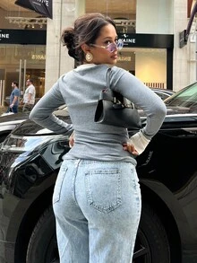 NegzBox Camiseta informal de mujer con bloqueo de color y medio abotonado - Gris - Ver 2