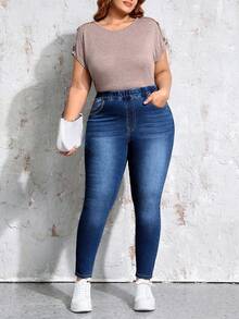 EMERY ROSE Winter Plus Size Casual Washed Elastic Waist Slim Fit Jeans - Dark Wash - View 5