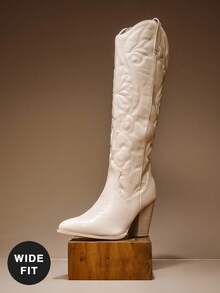 SHUZIA Botas vaqueras de rodilla de mujer con puntera recortada, tacón de bloque y patrón de bordado retro - Silueta elegante con atractivo atemporal de rodeo - Beis - Ver 2