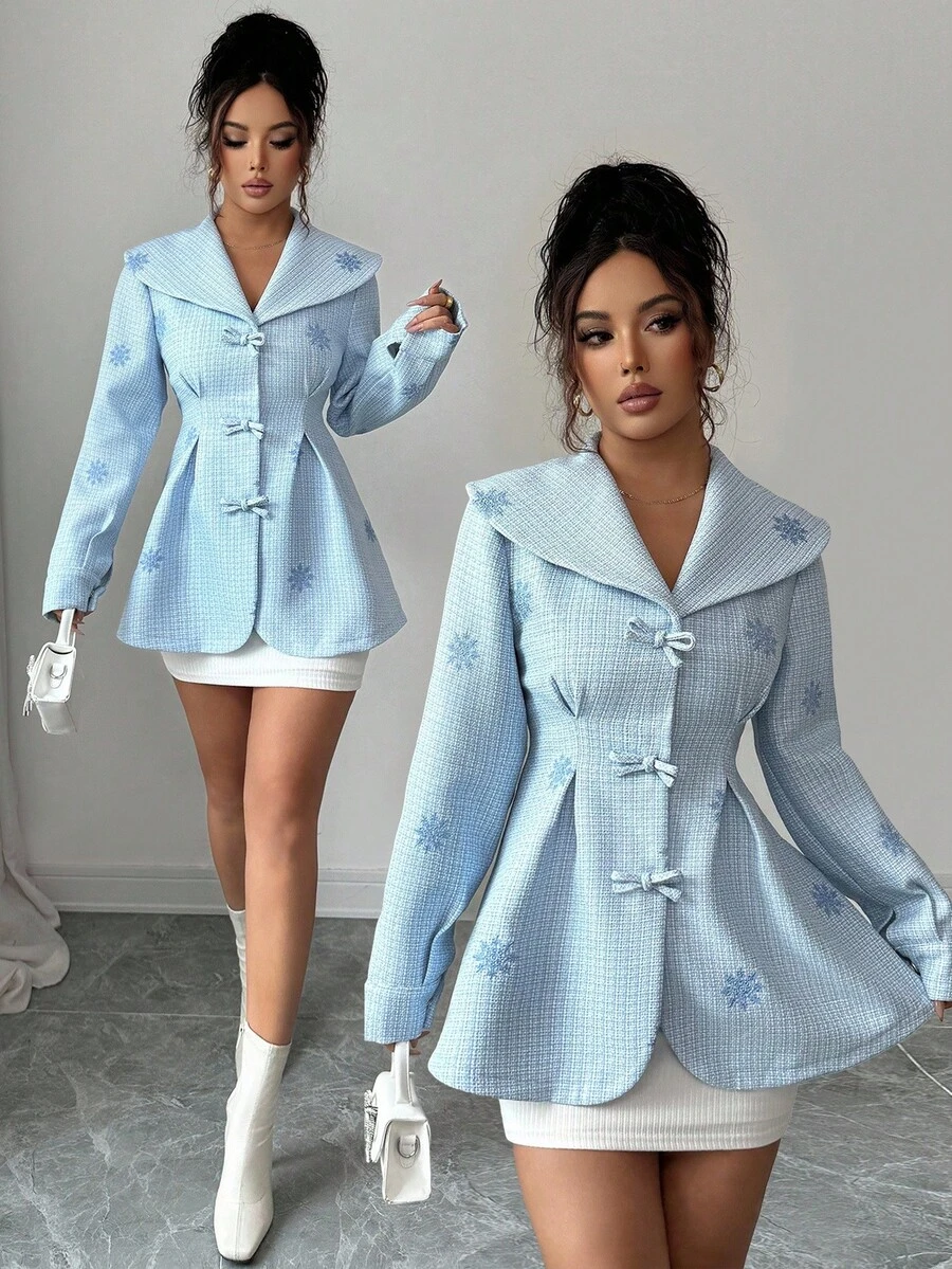 Elenzga Veste élégante régulière pour femmes avec nœud décoratif, taille cintrée et design plissé, style automnal à carreaux - Bleu azur - Voir 1