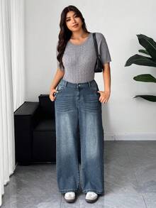 Dazy Plus Quần jean ống đứng dáng rộng thêu bướm rách cỡ lớn dành cho nữ, mọi mùa - Rửa tối - Xem 9