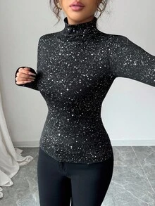 Elenzga Women's Fashionable High Neck Long Sleeve Slim Fit Sequin T-Shirt, Suitable For Daily Wear, Autumn - Black - View 6