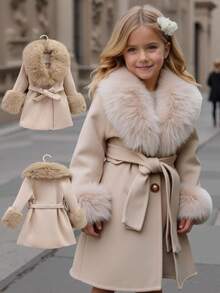 SHEIN 年轻女孩纯色休闲羊毛大衣，仿毛领，女士秋冬装