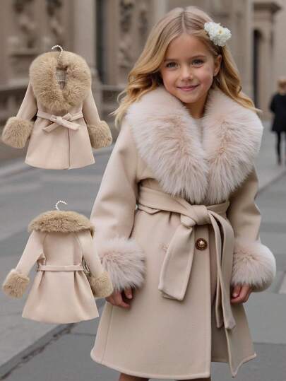 SHEIN Manteau en laine casual de couleur unie avec col en fausse fourrure pour jeune fille, vêtements d'automne et d'hiver pour femmes