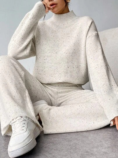 SHEIN Tween Girls Knitwear Solid Beige Apricot Knit Set Stand Collar Sweater And Wide Leg Sweater Pants 2pcs Set, Minimalist & Casual, Suitable For Everyday Wear,Knitted Sweater Co-Ords Set, For Autumn Winter,  Fall And Winter, Casual, White, Longsleeve Tween Girls Knitwear Set Sweater Set, Fashionable Versatile Outfit In Fall/Winter