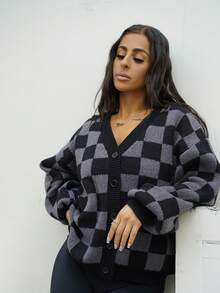 SAYEHFBABY Checkerboard Pattern Casual Cardigan Sweater For Women,Long Sleeve Tops,Fall Clothes - Black - View 4