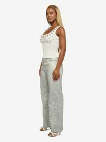 SUMWON WOMEN High Rise Wide Leg Acid Wash Jeans For Women - Vintage Style Full Length Denim Pants With Cargo Pockets - White - View 5