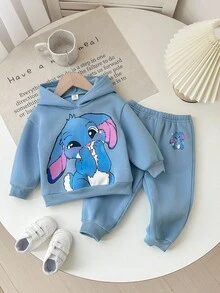Babygirl 可爱卡通图案连帽衫和裤子套装，秋冬 - 藍色 - 查看 4