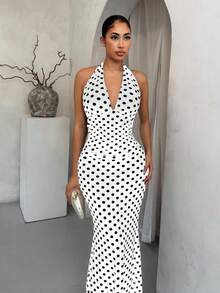 SHEIN SXY 黑白波点优雅挂脖鱼尾下摆连衣裙 - 白色 - 查看 3