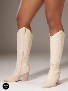SHUZIA Botas vaqueras de rodilla de mujer con puntera recortada, tacón de bloque y patrón de bordado retro - Silueta elegante con atractivo atemporal de rodeo - Beis - Ver 3