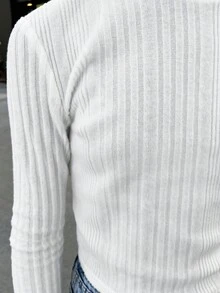 SHEIN 青少年女孩罗纹针织高领套头 T 恤，厚实保暖，百搭，适合秋冬日常穿着 - 白色 - 查看 4