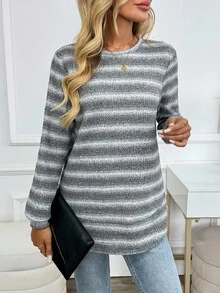 SHEIN 女士休闲拼布下摆圆领长袖运动衫，适合秋季日常穿着 - 彩色 - 查看 4