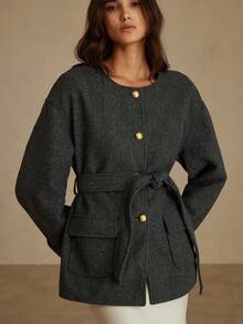 GENKIRA Elegant Versatile Solid Color Jacket With Round Neck, Button Decoration, Sleeve Cuff Decoration, And Waist Belt Decoration, Suitable For Commuting - Black - View 4