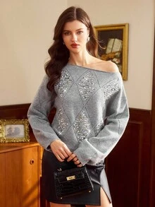 Vintamour Women's Rhombus Sequin Crew Neck Casual Sweater Winter Clothes For Women New Year Women's Clothes Sequin Top Sequin Sweater Sparkly Top Sparkly Sweater