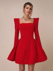 COSMINA Đầm ngắn tay dài cổ vuông tay áo blazer thanh lịch dành cho nữ, đa năng cho tiệc tùng, sinh nhật, nghỉ mát, đi làm vào đầu thu - Đỏ - Xem 1