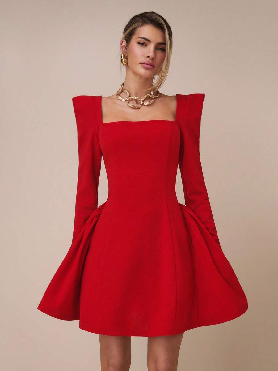 COSMINA Đầm ngắn tay dài cổ vuông tay áo blazer thanh lịch dành cho nữ, đa năng cho tiệc tùng, sinh nhật, nghỉ mát, đi làm vào đầu thu - Đỏ - Xem 1