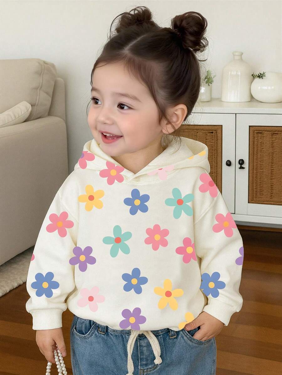 Baby Girl Casual Fashionable Versatile Sweet Floral Print Comfortable Hooded Long Sleeve Sweatshirt, Suitable For Autumn/Winter/Spring, Lightweight And Comfortable, Ideal For Autumn Wear, Fashionable Casual Outfit, Back To School, Gatherings, Outdoor Picnics, Street Photography, Campus, Holidays, Gifts Baby Sweatshirt For Girl Baby Girl Clothes Spring Fall Baby Girls Sweatshirts 2 Years Old Girl Clothes Winter