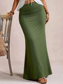 Freevana 大码优雅浪漫复古 A 字形针织长裙，适合派对和聚会，秋冬季 - 橄欖綠 - 查看 5