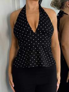 Bethéva 女士休闲简约露背深 V 领波点裹背衬衫 - 黑色 - 查看 3