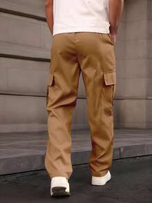 Manfinity Homme 男士纯色抽绳腰口袋休闲宽松直筒工装裤，棕色运动裤，街头潮流，秋季 - 薑色 - 查看 2