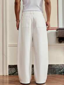 SWAVVY Men's Woven Casual Loose Straight Leg Solid Color Pants - White - View 2