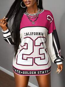 Slaydiva 2025 New Summer And Early Autumn New Casual Street Sports Style Daily Dating Music Festival Round Neck Long Sleeve Drop Shoulder Super Loose T-Shirt 23 Digital Slogan Logo Print Brown Splicing White Print Women's T-Shirt