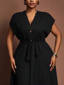 Veslaya Plus Size Women's Summer Versatile Casual All-Match Beach Elegant Ruffle Tie Front Short Sleeve Dress