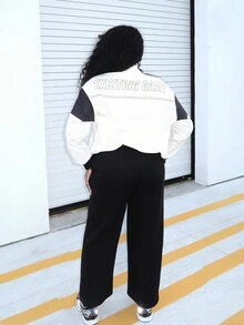 Alexandranx Letter Print Contrast Color Drop Shoulder Bomber Jacket For New Year Clothes Fall Winter Cloth For Women