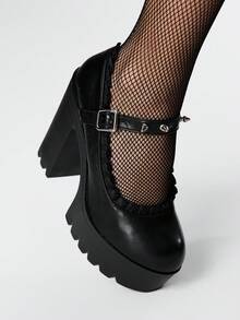 ROMWE Goth Giày cao gót đế dày viền ren gợi cảm cho nữ, thời trang xuân/thu, màu trơn, đính đinh tán kim loại, khóa cài, giày cao gót thấp, giày thu - màu đen - Xem 3