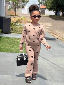 2pcs/Set Young Girl Round Neck Heart Pattern Loose Casual Top & Flared Pants Knitted Sweater Suit,In Fall/Winter - Khaki - View 7