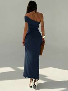 Aloruh Elegant Off Shoulder Twist Waist Decor Slim Fit High Slit Dress - Navy Blue - View 4