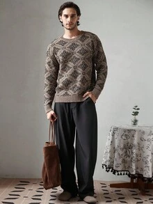 Manfinity CityGents 男士花卉提花圆领长袖休闲毛衣，秋季