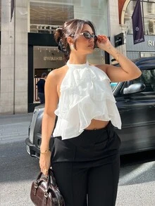 NegzBox Áo crop top bèo nhún nhiều lớp màu trắng, Áo dễ thương, Áo ống nữ, Kiểu dáng thanh lịch, Áo hở lưng, Áo năm mới, Áo dự tiệc nữ, Áo trễ vai, Áo cánh tối giản dây rộng cài nút phía trước thường ngày cho nữ, Trang phục cổ điển, Quần áo nữ, Phong cách ngày lễ tình nhân - trắng - Xem 4