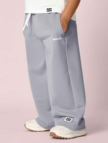 SUMWON Quần thể thao ống rộng thoải mái cho trẻ em, quần dài cạp chun co giãn, quần rộng rãi, thời trang dạo phố, thu đông - Xám - Xem 2